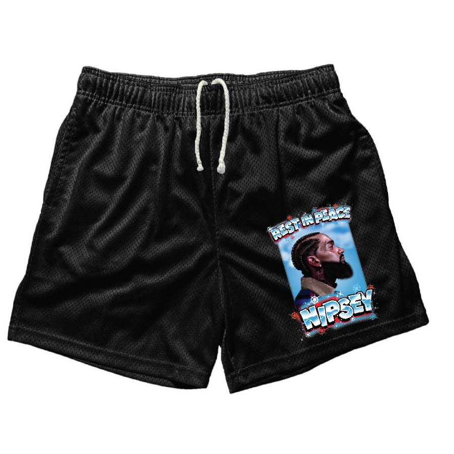 Rip Nip (Nipsey Hussle) Black Mesh Shorts (5 Inch Inseam)